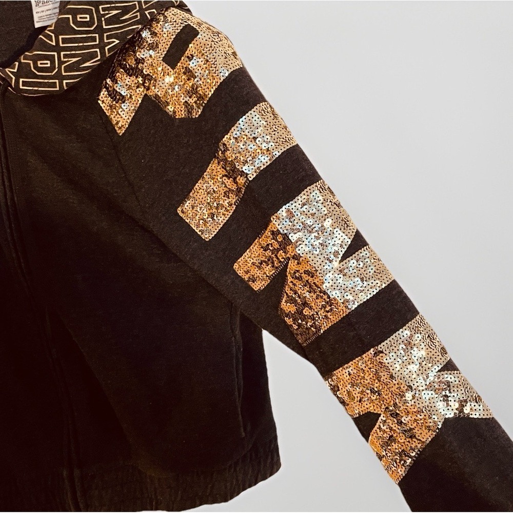 Victorias Secret Pink Bling Sequin Hoodie‎ Y2K Style Black And Gold